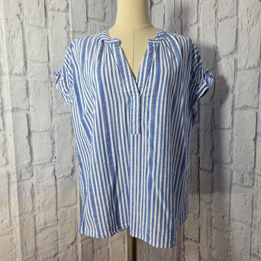 Time And Tru XXL (20) Blue White Striped Ruffle Sleeve Beach Nautical Travel Top